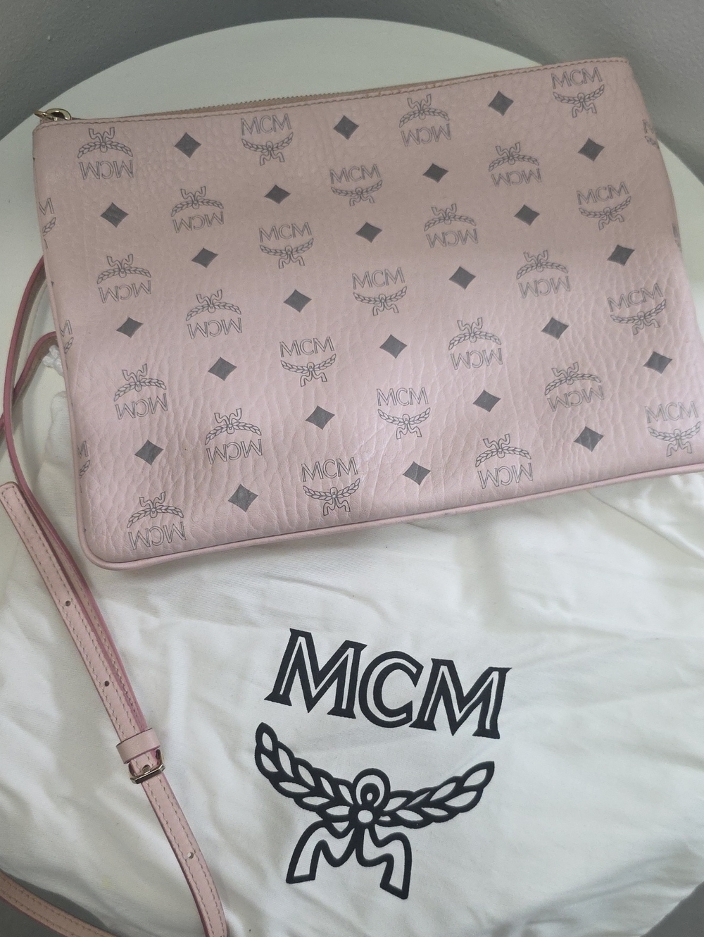 MCM Pink Monogram Crossbody Pouch with Adjustable Strap